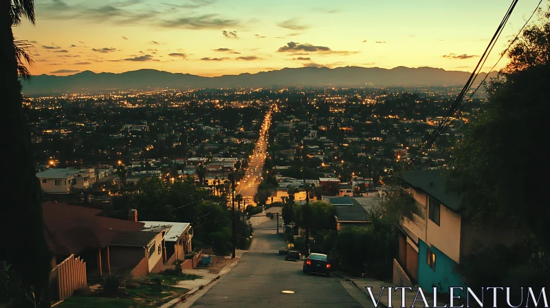 Sunset over a Bustling City with a Majestic Mountain Background AI Image