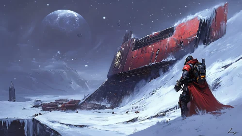 Sci-Fi Scene of Soldier and Spaceship in Snow
