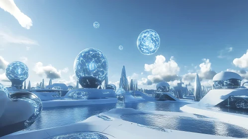 Sci-Fi Landscape with Modern Architecture and Blue Sky
