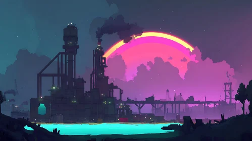 Factory Silhouette Against a Neon Sky with Rainbow