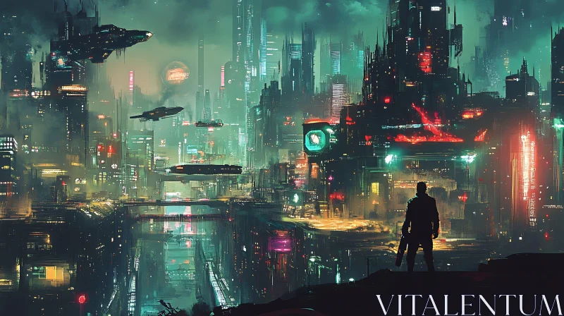 Neon City Skyline with Flying Cars