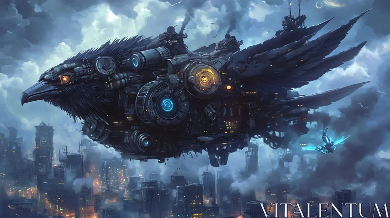 Mechanical Raven Over Futuristic City