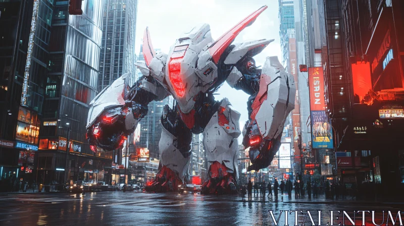 Colossal Mech Amidst Neon Urban Landscape AI Image