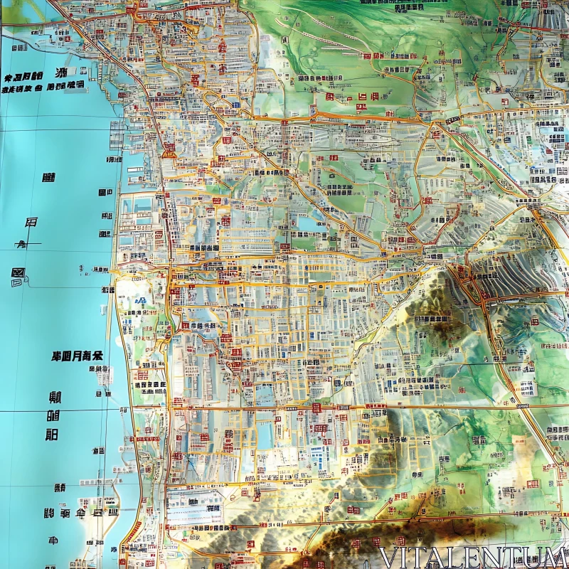 Comprehensive City Map with Topographic Features AI Image