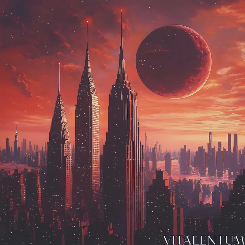 Cosmic Urban Skyline with Skyscrapers and Red Sky AI Image