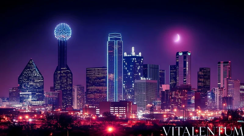 Night Skyline with Modern Skyscrapers and Crescent Moon AI Image