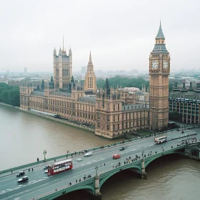 Clock Tower Landmark Overlooking River and Bridge