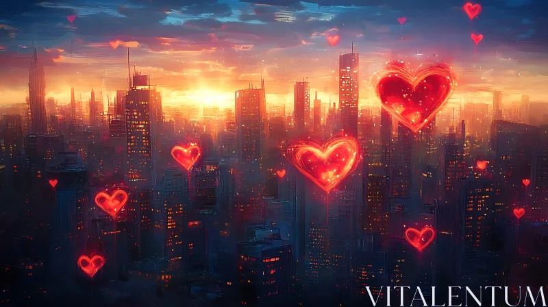 Romantic City Sunset with Glowing Hearts AI Image