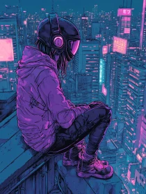 Neon-Lit Futuristic Cityscape with Lone Figure