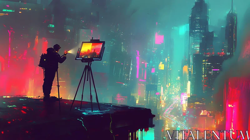 Neon-Lit Cyberpunk City with Rooftop Artist AI Image