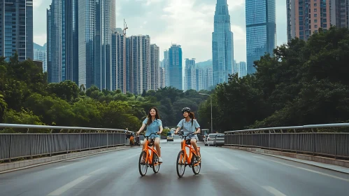 Women on Bicycles in Modern Urban Setting