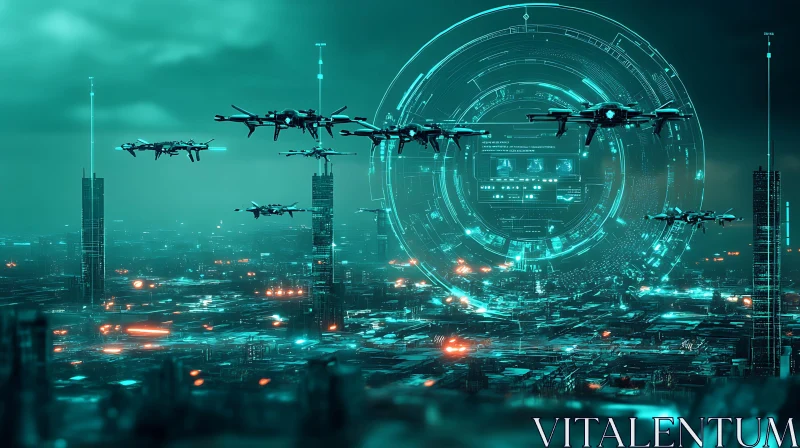 AI ART Cyan Glow Futuristic City with Airborne Drones