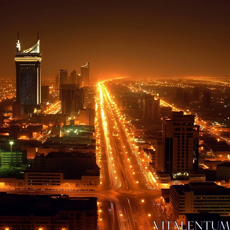 Nighttime Urban Landscape with Bright Lights and Tall Buildings AI Image