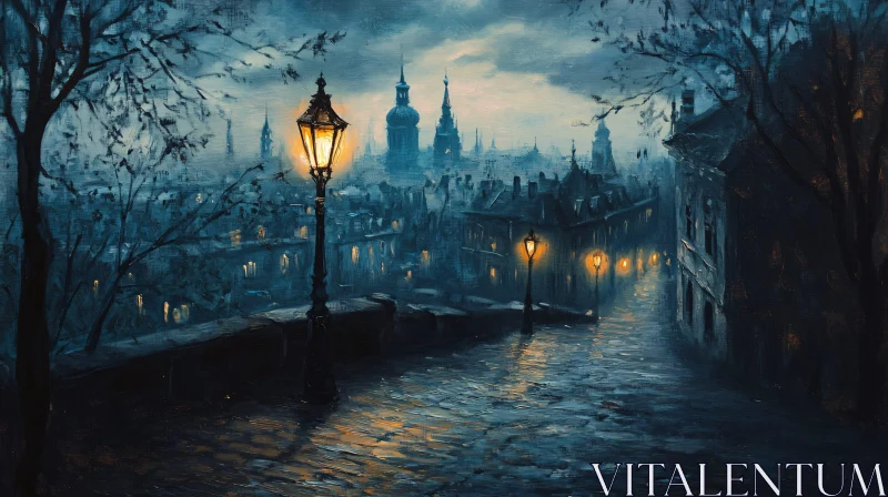 Quaint Street Lamps on a European City Night AI Image