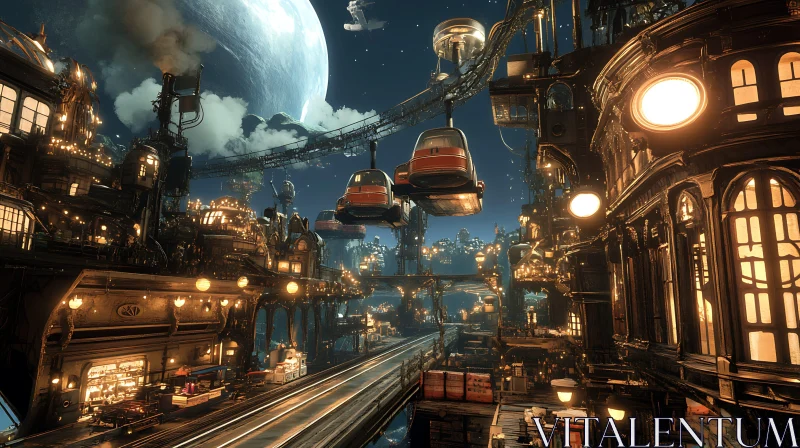 Steampunk Futuristic City under the Moon AI Image