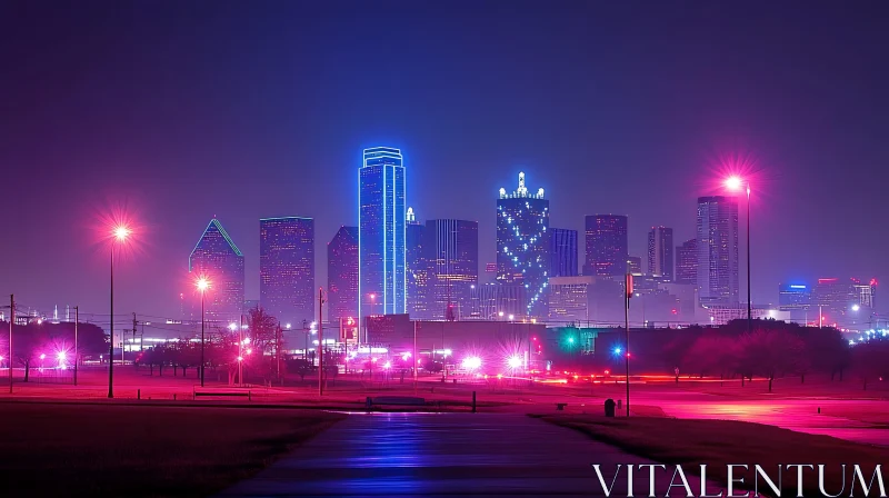 Illuminated Urban Skyline at Night AI Image