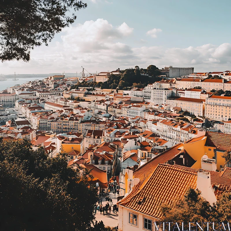 Urban Landscape with Red-Tiled Roofs and Hills AI Image