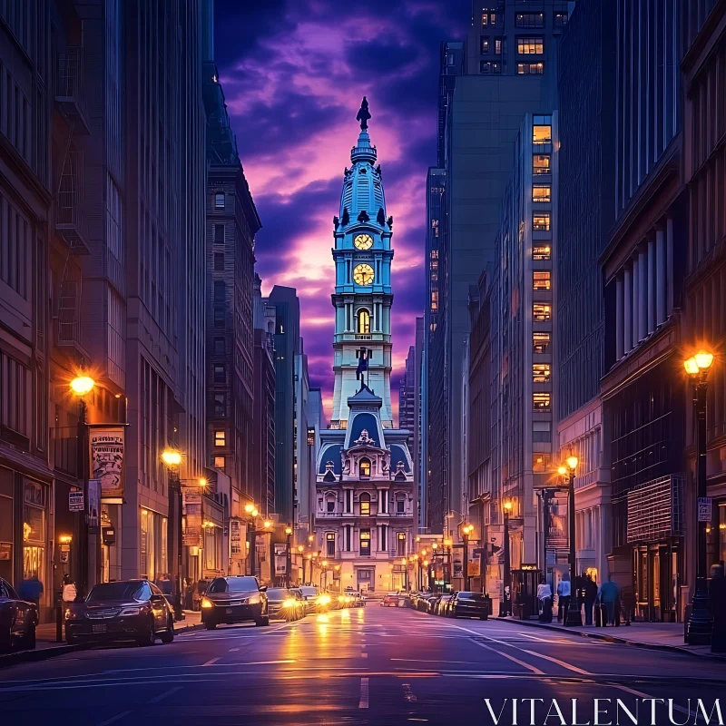 Urban Street at Twilight with Landmark Building AI Image