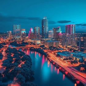 Nighttime Urban Scene with Illuminated Skyscrapers