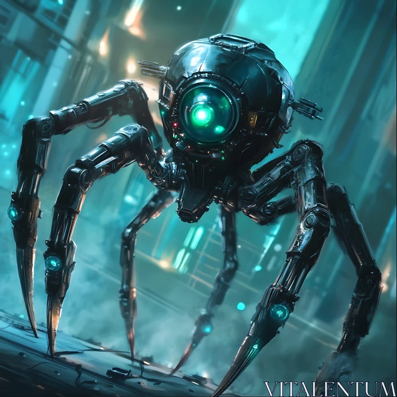 Cybernetic Mechanized Arachnid in Neon Lighting AI Image