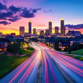 Night Urban Skyline with Dynamic Traffic Lights