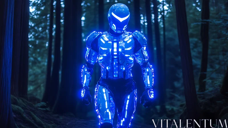 AI ART Glowing Blue Robotic Figure in Dark Woods