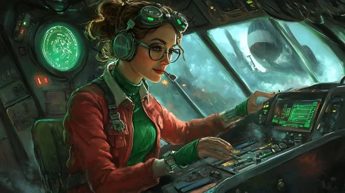 Woman Pilot in High-Tech Cockpit