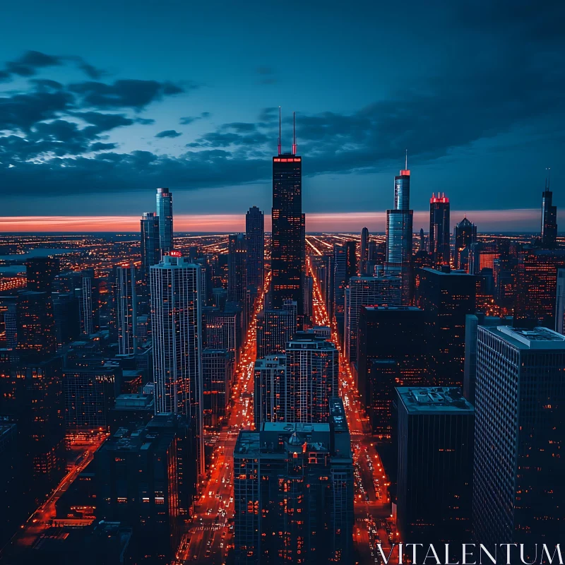 Nighttime Cityscape with Glittering Lights and Tall Buildings AI Image