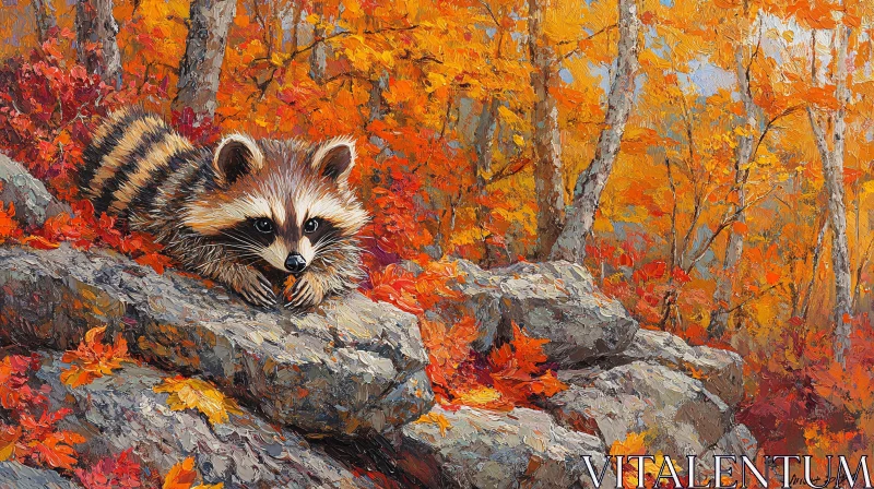 Wildlife Encounter: Raccoon Among Autumn Leaves AI Image