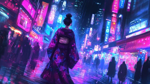 Vivid Nightscape of City Street with Kimono