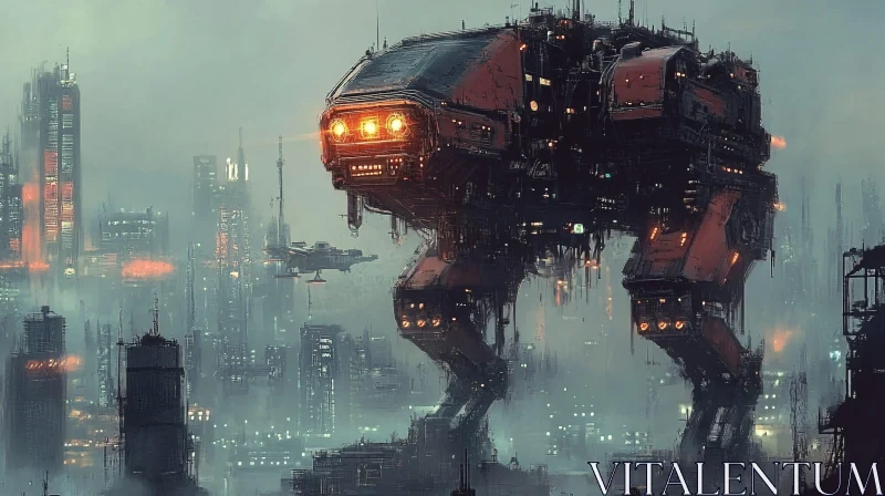 AI ART Futuristic Robot in Foggy City