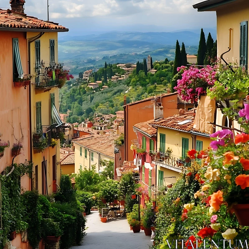 Vibrant Village Scene with Flower-Adorned Buildings AI Image