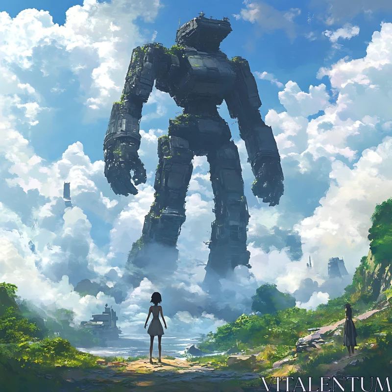 Giant Mech in Cloudy Landscape AI Image