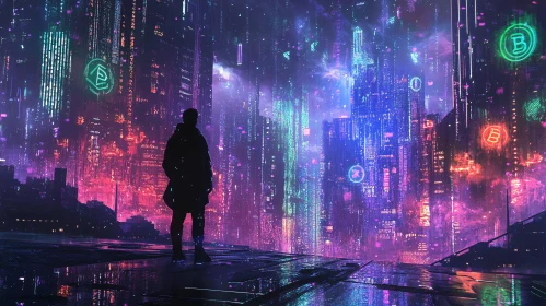 Silhouette in a Futuristic Neon-Lit City