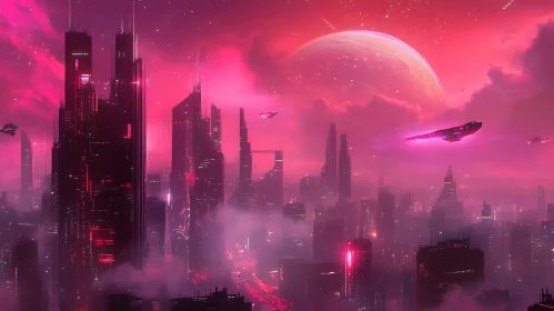 Neon-Lit Futuristic Metropolis with Hovering Spaceships