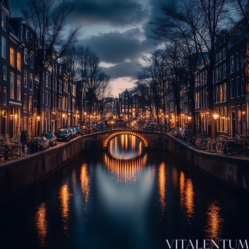 Peaceful Night Cityscape with Lit Bridge and Calm Water AI Image