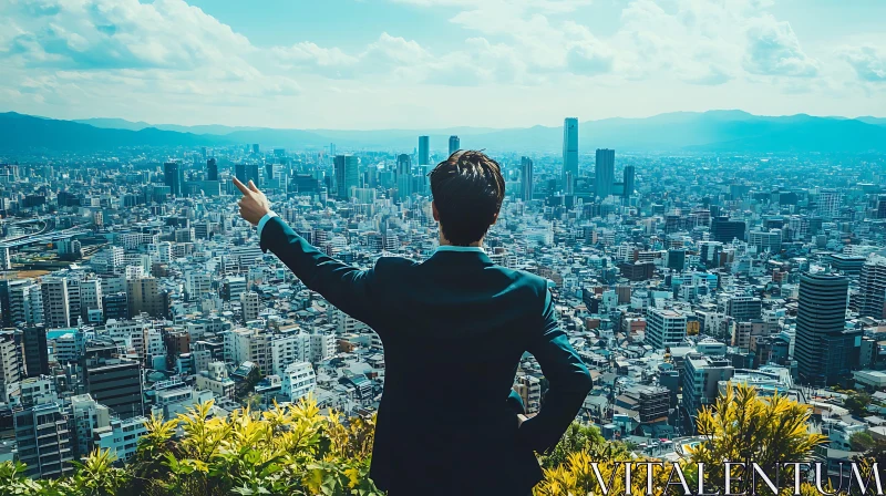 Man in Suit Viewing Expansive City Skyline AI Image