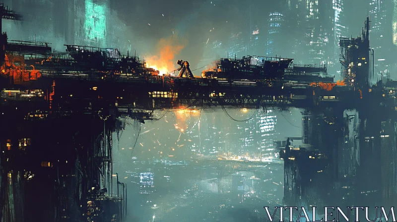 Futuristic Night City with Fiery Bridge AI Image