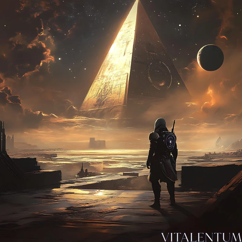 Sci-Fi Warrior Staring at a Hovering Golden Pyramid AI Image