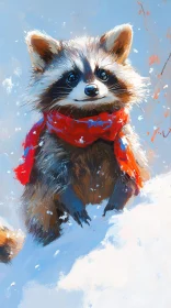 Raccoon with Red Scarf in Snow