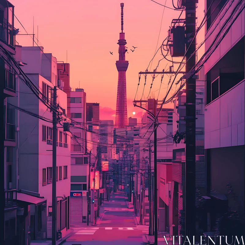 AI ART Urban Sunset Cityscape with Prominent Tower