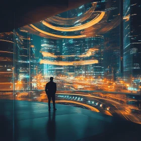 Man Overlooking Futuristic Neon City