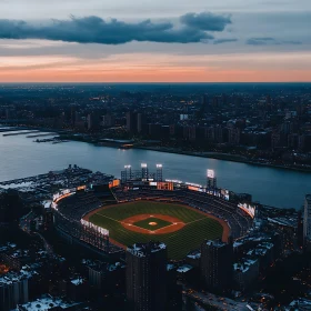 Cityscape with Baseball Stadium and River at Dusk