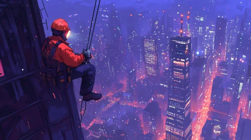 Urban Worker at Height in Nighttime City