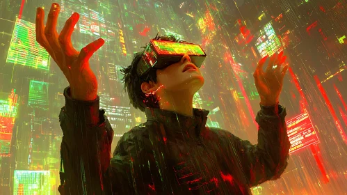 Person Experiencing Neon-Drenched Virtual Reality