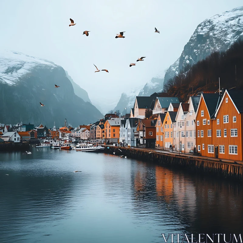 Scenic Nordic Harbor with Mountains AI Image