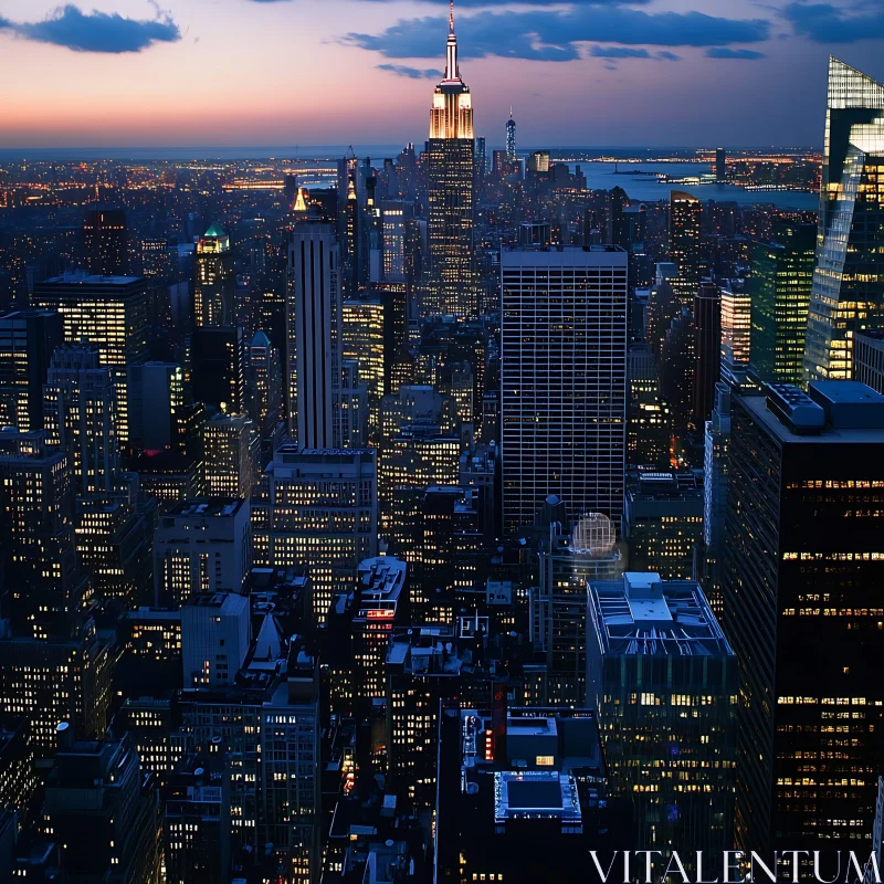 Dusk City Skyline with Illuminated Skyscrapers AI Image