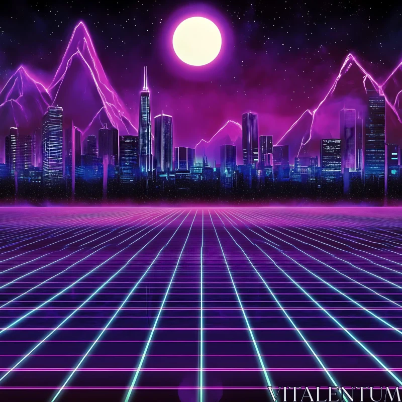 Neon-Lit Futuristic City with Grid Foreground AI Image