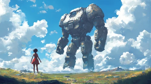 Girl Meets Giant Robot in a Picturesque Landscape