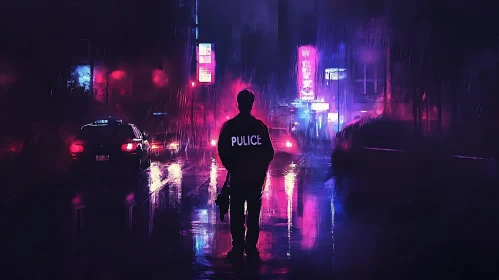 Police Officer in Rainy Neon-Lit Night